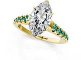 Yellow gold Marquise Cut Diamond Cathedral Solitaire Ring with Round with Green Sapphire side stone Pavé Band_13