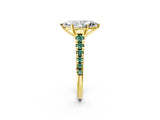 Yellow gold Marquise Cut Diamond Cathedral Solitaire Ring with Round with Green Sapphire side stone Pavé Band_14