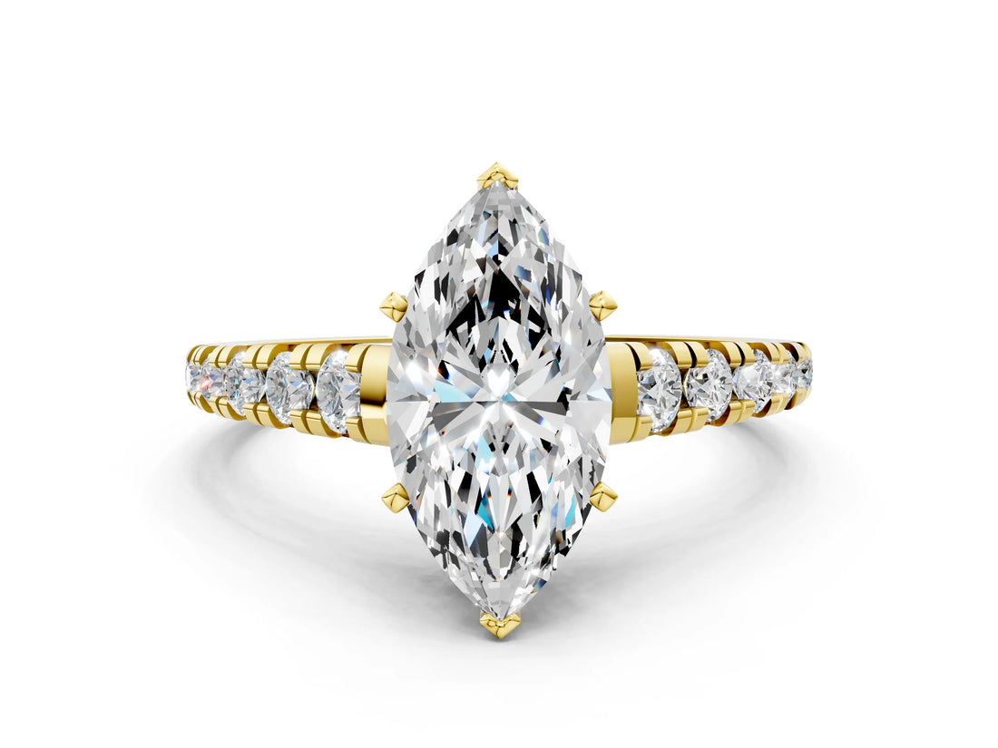 Yellow gold Marquise Cut Diamond Cathedral Solitaire Ring with Round with Moissanite side stone Pavé Band_24