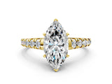 Yellow gold Marquise Cut Diamond Cathedral Solitaire Ring with Round with Moissanite side stone Pavé Band_24