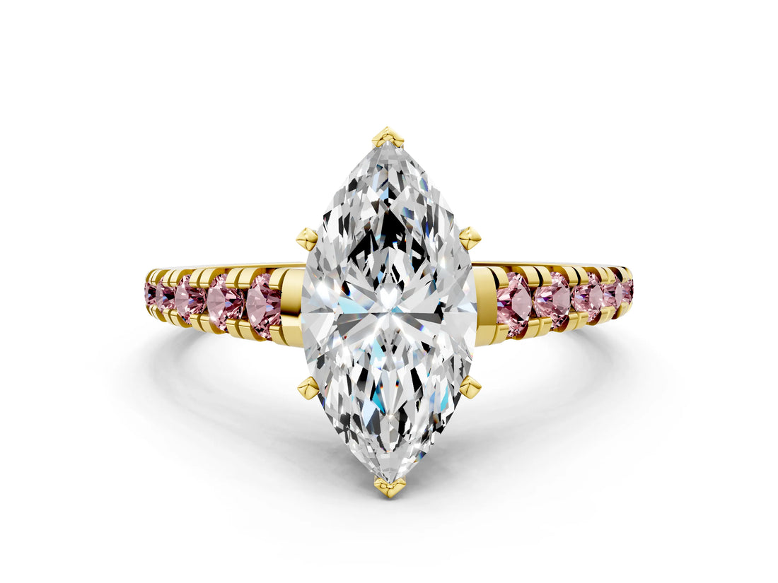 Yellow gold Marquise Cut Diamond Cathedral Solitaire Ring with Round with Morganite side stone Pavé Band_12