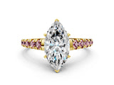 Yellow gold Marquise Cut Diamond Cathedral Solitaire Ring with Round with Morganite side stone Pavé Band_12