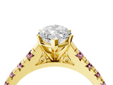 Yellow gold Marquise Cut Diamond Cathedral Solitaire Ring with Round with Morganite side stone Pavé Band_16