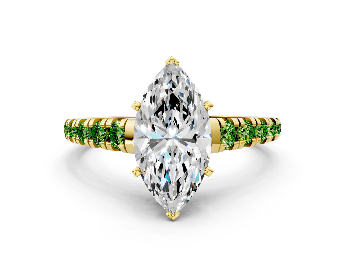 Yellow gold Marquise Cut Diamond Cathedral Solitaire Ring with Round with Peridot side stone Pavé Band