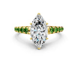 Yellow gold Marquise Cut Diamond Cathedral Solitaire Ring with Round with Peridot side stone Pavé Band