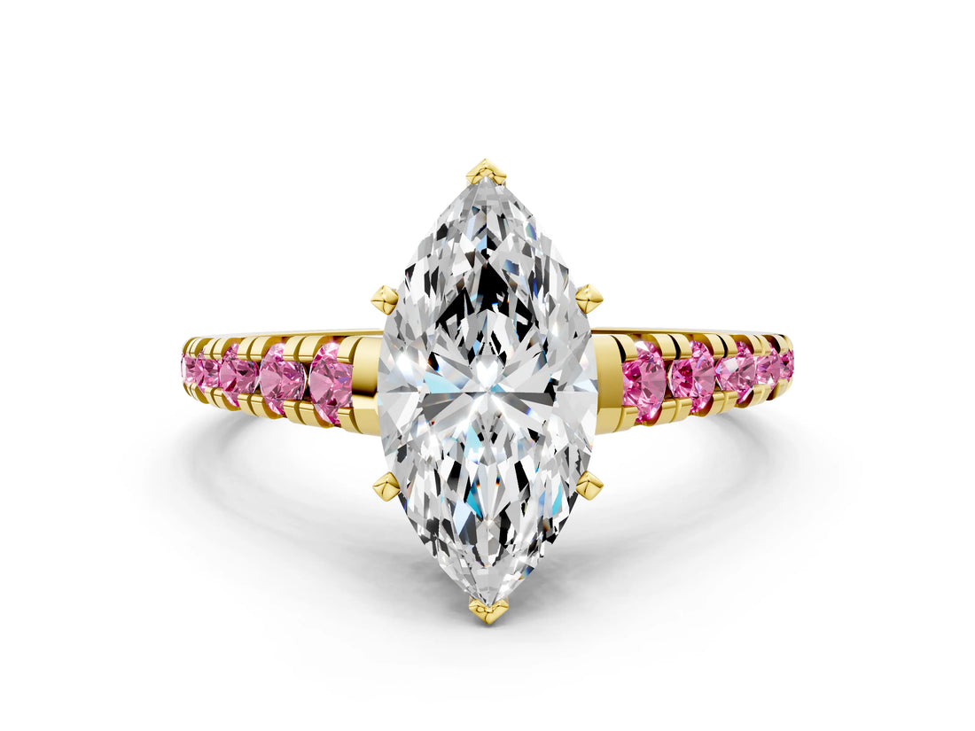 Yellow gold Marquise Cut Diamond Cathedral Solitaire Ring with Round with Pink Sapphire side stone Pavé Band_12