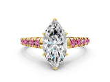 Yellow gold Marquise Cut Diamond Cathedral Solitaire Ring with Round with Pink Sapphire side stone Pavé Band_12