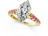 Yellow gold Marquise Cut Diamond Cathedral Solitaire Ring with Round with Pink Sapphire side stone Pavé Band_13