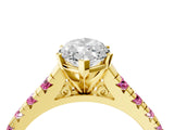 Yellow gold Marquise Cut Diamond Cathedral Solitaire Ring with Round with Pink Sapphire side stone Pavé Band_16