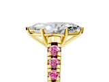 Yellow gold Marquise Cut Diamond Cathedral Solitaire Ring with Round with Pink Sapphire side stone Pavé Band_17
