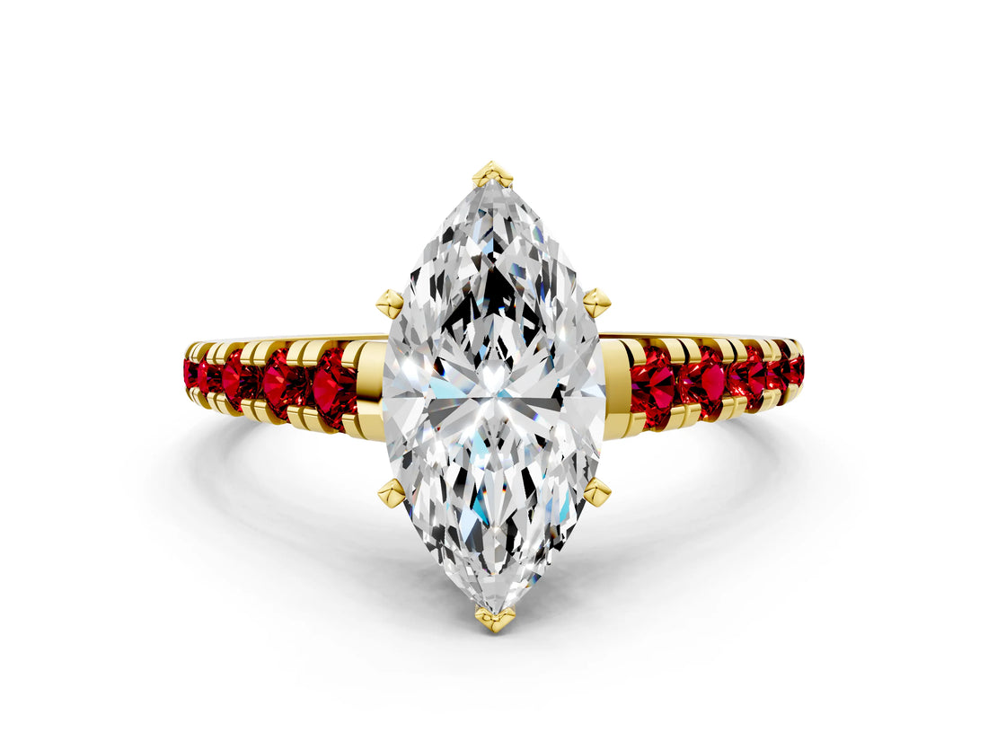 Yellow gold Marquise Cut Diamond Cathedral Solitaire Ring with Round with Ruby side stone Pavé Band_48