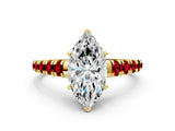 Yellow gold Marquise Cut Diamond Cathedral Solitaire Ring with Round with Ruby side stone Pavé Band_48