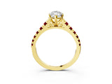 Yellow gold Marquise Cut Diamond Cathedral Solitaire Ring with Round with Ruby side stone Pavé Band_51