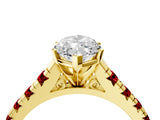 Yellow gold Marquise Cut Diamond Cathedral Solitaire Ring with Round with Ruby side stone Pavé Band_52