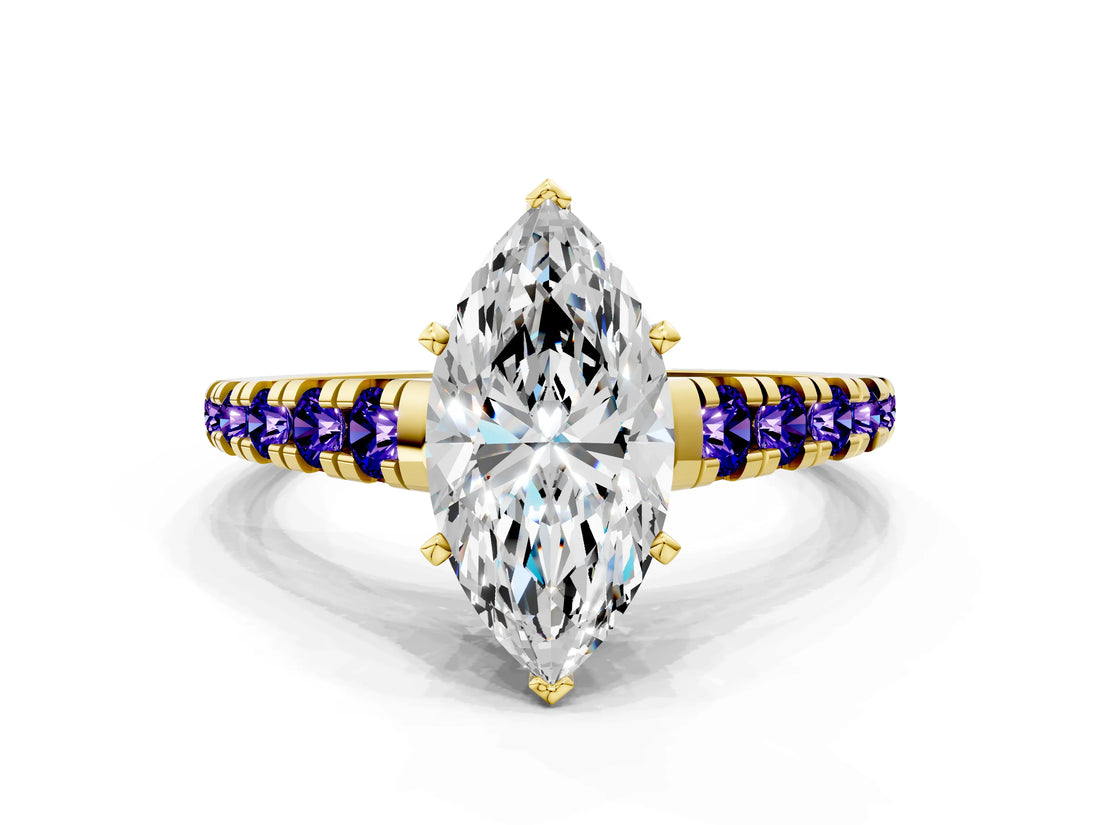 Yellow gold Marquise Cut Diamond Cathedral Solitaire Ring with Round with Tanzanite side stone Pavé Band