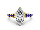 Yellow gold Marquise Cut Diamond Cathedral Solitaire Ring with Round with Tanzanite side stone Pavé Band