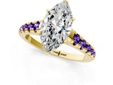 Yellow gold Marquise Cut Diamond Cathedral Solitaire Ring with Round with Tanzanite side stone Pavé Band_1