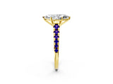 Yellow gold Marquise Cut Diamond Cathedral Solitaire Ring with Round with Tanzanite side stone Pavé Band_2