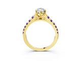 Yellow gold Marquise Cut Diamond Cathedral Solitaire Ring with Round with Tanzanite side stone Pavé Band_3