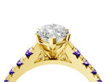 Yellow gold Marquise Cut Diamond Cathedral Solitaire Ring with Round with Tanzanite side stone Pavé Band_4