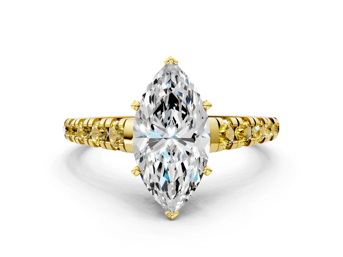 Yellow gold Marquise Cut Diamond Cathedral Solitaire Ring with Round with Yellow Sapphire side stone Pavé Band_46