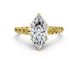 Yellow gold Marquise Cut Diamond Cathedral Solitaire Ring with Round with Yellow Sapphire side stone Pavé Band_46