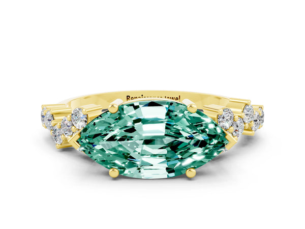 Yellow gold Marquise Cut Green Sapphire Scattered Round Accent Ring with Prong Setting