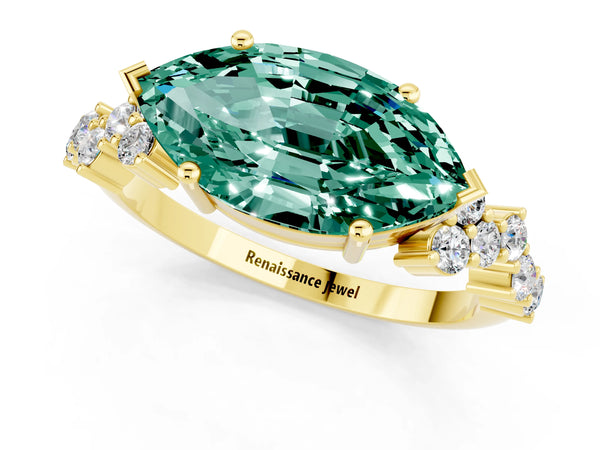 Yellow gold Marquise Cut Green Sapphire Scattered Round Accent Ring with Prong Setting