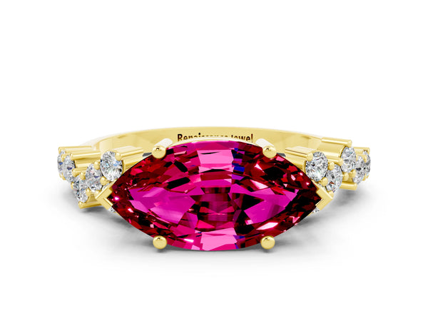 Yellow gold Marquise Cut Garnet Scattered Round Accent Ring with Prong Setting