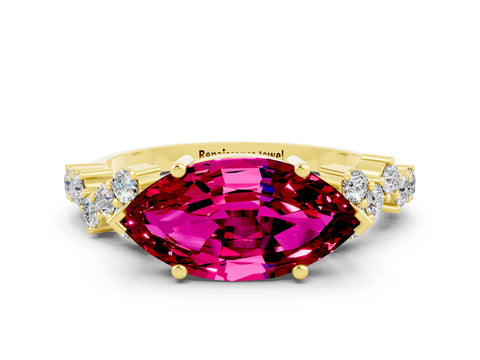 Yellow gold Marquise Cut Diamond Cluster Pavé Band with Four-Prong Setting