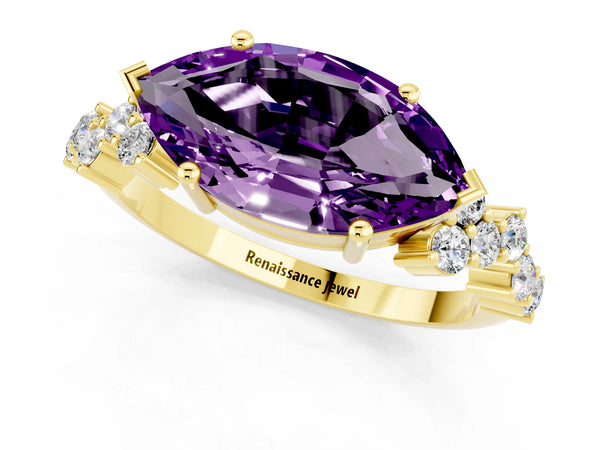 Yellow gold Marquise Cut Amethyst Scattered Round Accent Ring with Prong Setting