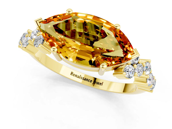 Yellow gold Marquise Cut Citrine Scattered Round Accent Ring with Prong Setting