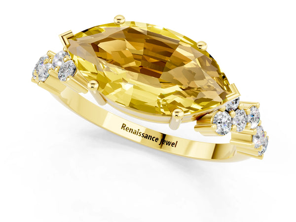 Yellow gold Marquise Cut Yellow Sapphire Scattered Round Accent Ring with Prong Setting