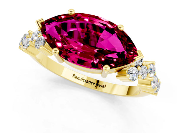 Yellow gold Marquise Cut Garnet Scattered Round Accent Ring with Prong Setting