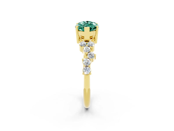 Yellow gold Marquise Cut Green Sapphire Scattered Round Accent Ring with Prong Setting