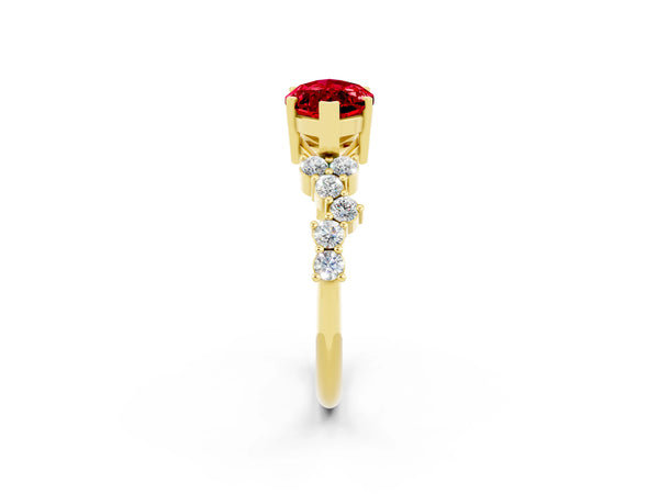 Yellow gold Marquise Cut Ruby Scattered Round Accent Ring with Prong Setting