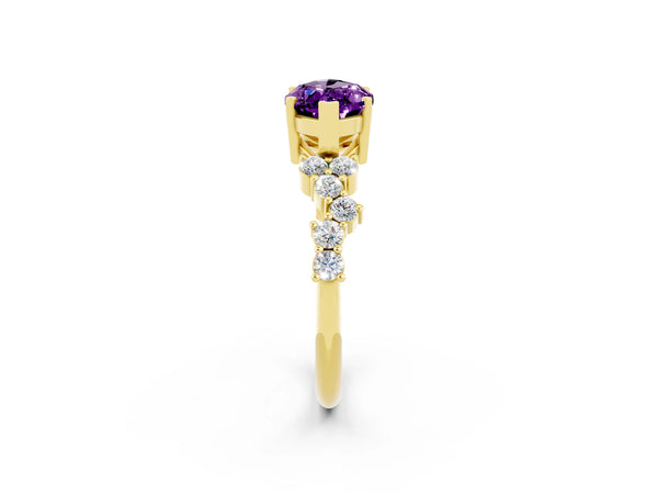 Yellow gold Marquise Cut Amethyst Scattered Round Accent Ring with Prong Setting