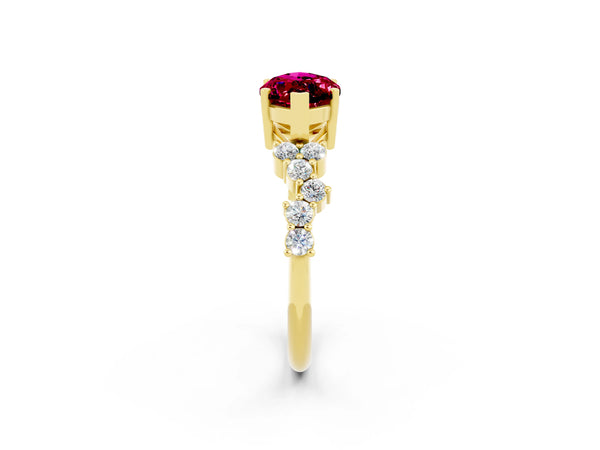 Yellow gold Marquise Cut Garnet Scattered Round Accent Ring with Prong Setting
