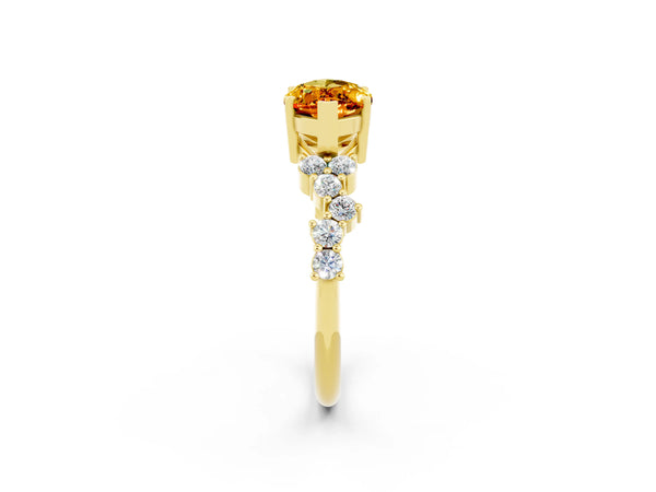 Yellow gold Marquise Cut Citrine Scattered Round Accent Ring with Prong Setting