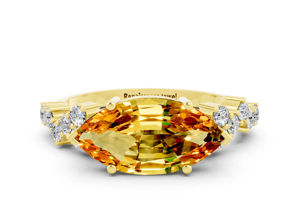 Yellow gold Marquise Cut Citrine Scattered Round Accent Ring with Prong Setting