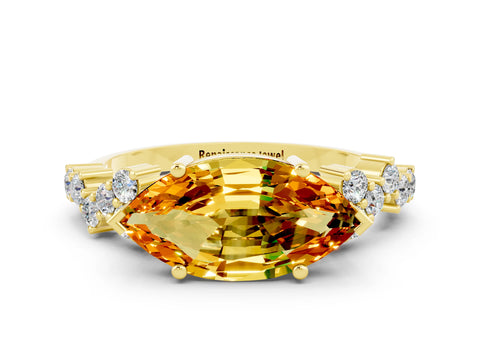 Yellow gold Marquise Cut Diamond Cluster Pavé Band with Four-Prong Setting