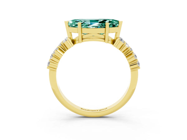 Yellow gold Marquise Cut Green Sapphire Scattered Round Accent Ring with Prong Setting