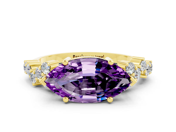 Yellow gold Marquise Cut Amethyst Scattered Round Accent Ring with Prong Setting