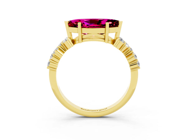 Yellow gold Marquise Cut Garnet Scattered Round Accent Ring with Prong Setting