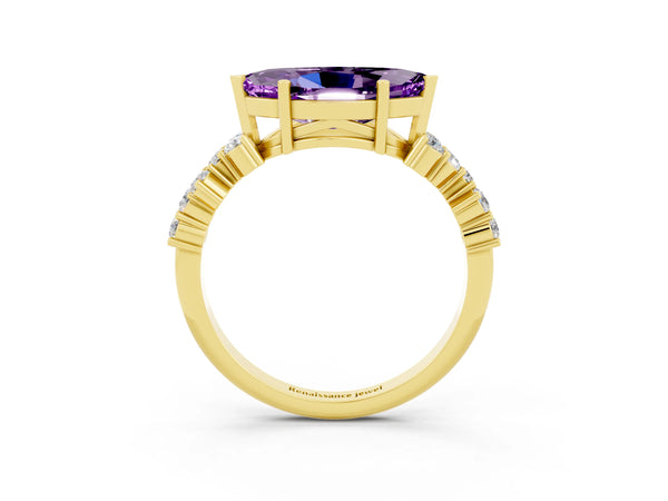 Yellow gold Marquise Cut Amethyst Scattered Round Accent Ring with Prong Setting