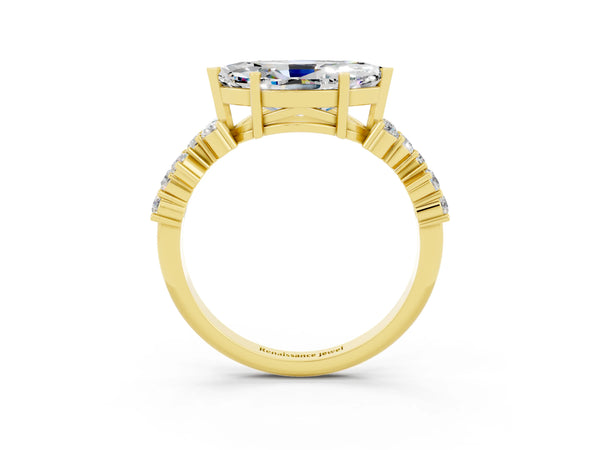 Yellow gold Marquise Cut Moissanite Scattered Round Accent Ring with Prong Setting