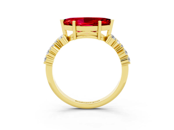 Yellow gold Marquise Cut Ruby Scattered Round Accent Ring with Prong Setting