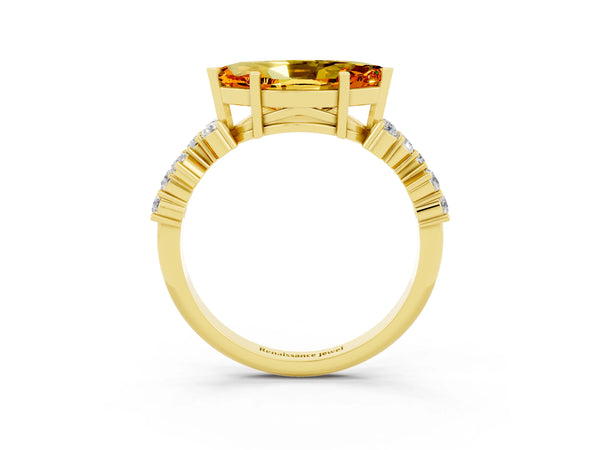 Yellow gold Marquise Cut Citrine Scattered Round Accent Ring with Prong Setting