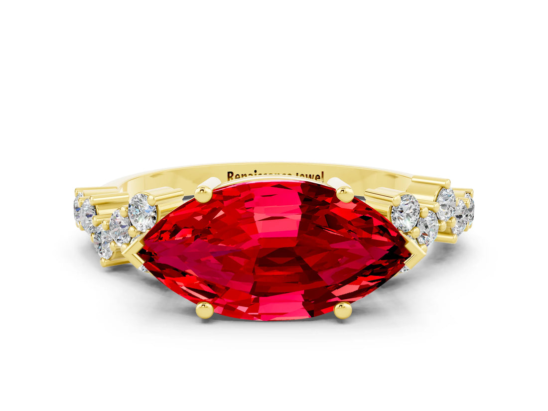 Yellow gold Marquise Cut Diamond Cluster Pavé Band with Four-Prong Setting