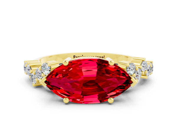 Yellow gold Marquise Cut Ruby Scattered Round Accent Ring with Prong Setting